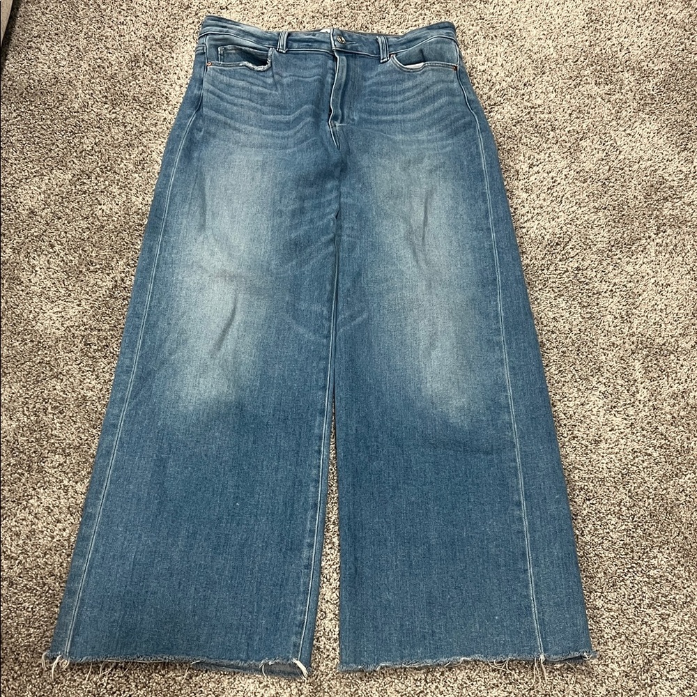 PAIGE Wide Leg Distressed Hem Blue Denim Jeans